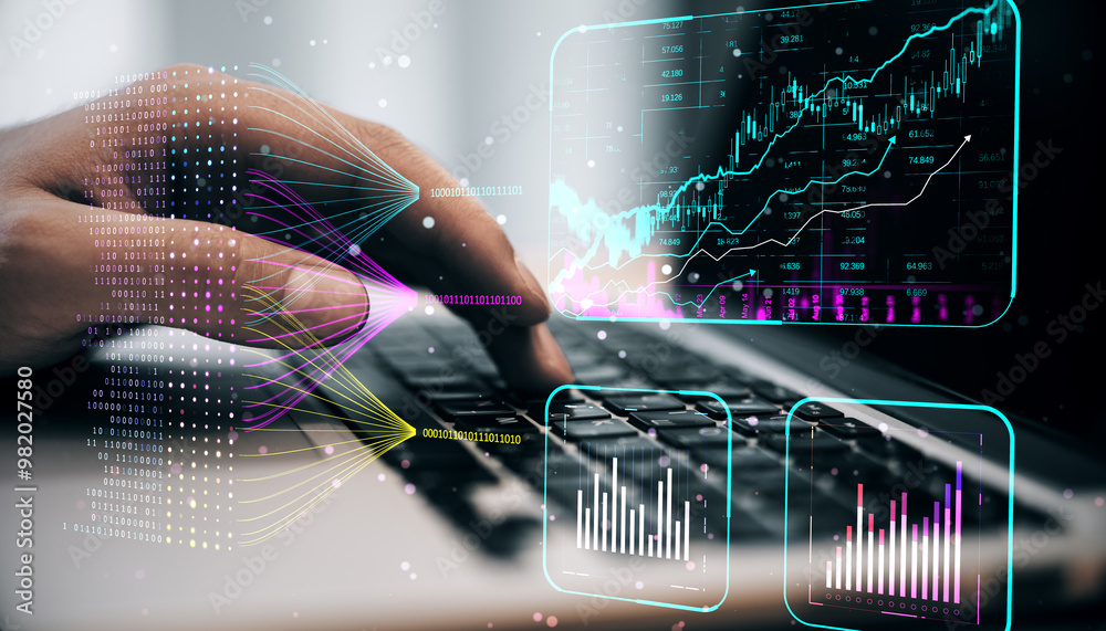 Aufkleber Close up of male hands using notebook keyboard with creative glowing business chart and ai binary code nodes on blurry background. Virtual marketing and finance concept. Double exposure.