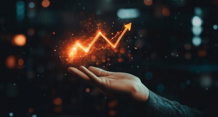 Businessman hand holding growth arrow graph and nice idea with working black background, rising