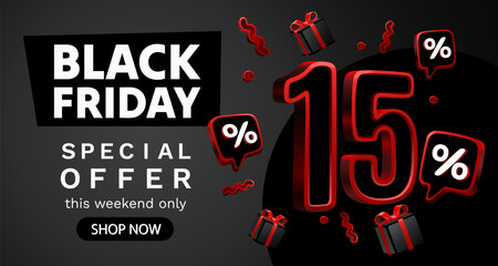 Black Friday 15 percent, special offer, discount flyer. Vector illustration