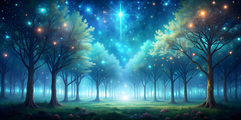 Obraz premium Magical forest with glowing trees on outer space background, magical, forest, glowing, trees, outer space, background