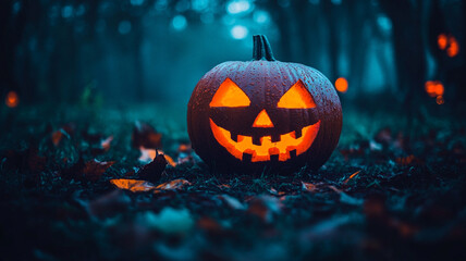 Naklejka premium A glowing carved pumpkin stands amidst fallen leaves on a spooky Halloween night in the woods