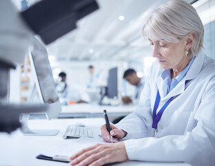 Mature scientist, writing and medical research in chemistry lab for science experiment in...