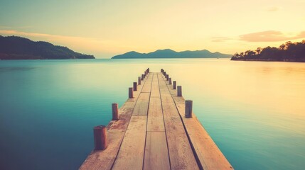 Obraz premium A serene wooden pier extending into calm waters at sunset, surrounded by distant hills.