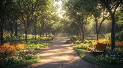 Serene park pathway lined with vibrant flowers and trees.