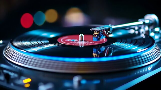 Closeup of a vinyl record player bathed in blue light, capturing a timeless moment in sound.