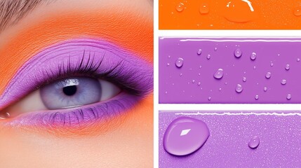 A woman's eye with purple and orange eye shadow. The eye shadow is applied in a way that creates a gradient effect, with the purple and orange colors blending together seamlessly