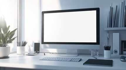 A modern workspace featuring a computer, stationery, and a plant.