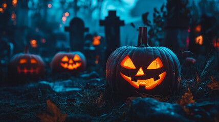 Fototapeta premium Glowing jack-o'-lanterns in a misty graveyard create a haunting Halloween atmosphere