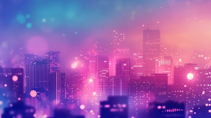 Naklejka premium Vibrant Neon Cityscape Illustration with Futuristic Skyline and Bokeh Lights