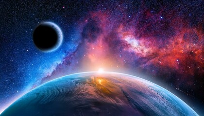 Dramatic Space Scene with Glowing Planet and Distant Moon Amidst Colorful Nebula