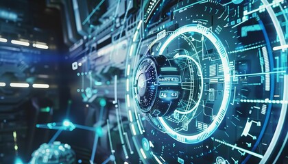 Futuristic spaceship control panel with glowing blue interface elements