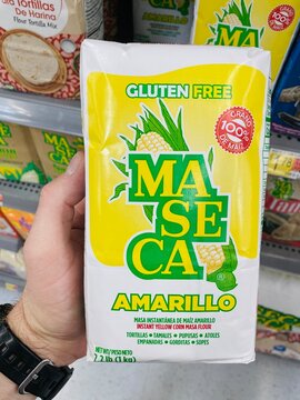 Bag of maseca amarillo corn flour in a supermarket.