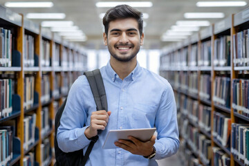 Cheerful Indian student in blue shirt with backpack and a tablet on hand in college library