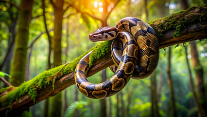 Boa snake wrapped around tree branch in dense forest, Boa snake, tree branch, dense forest, wildlife, reptile, nature