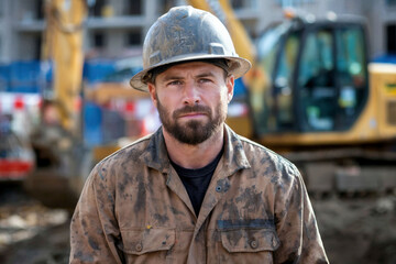 Obraz premium Determined construction worker with mud-splattered uniform in hard hat at construction site