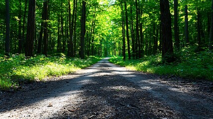 Fototapeta premium A sunlit forest path is lined with lush greenery, inviting a peaceful walk through nature.