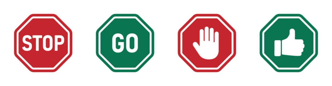 Stop sign and go sign vector illustrations. Stop and go icon or signs set