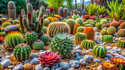 A peaceful cactus garden with a variety of succulents and colorful stones, cactus, garden, succulent, plants, desert