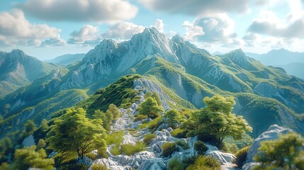 An epic mountain terrain with trees and the sky. Generative AI.