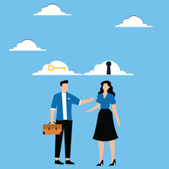 Naklejka premium Business secret, specific talk and negotiation, confidential communication concept, Businessman and woman talking about confidential information