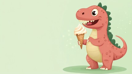 Naklejka premium Cute cartoon dinosaur with a big smile holding an ice cream cone.