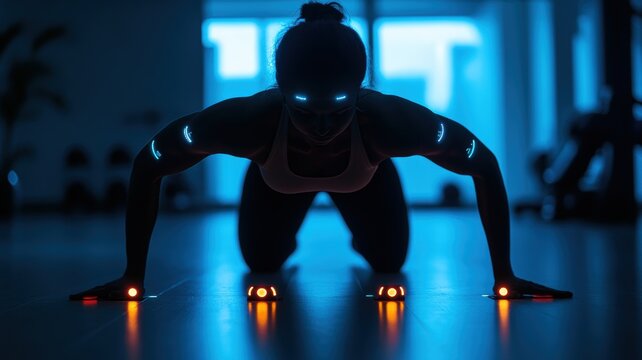A determined athlete performing push-ups in a dimly lit gym, illuminated by blue light, showcasing strength and focus. - Powered by Adobe