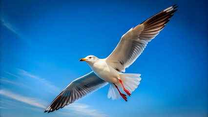 Obraz premium Seagull soaring gracefully through the clear blue sky , Seagull, bird, wildlife, flying, wings, animal, nature, freedom