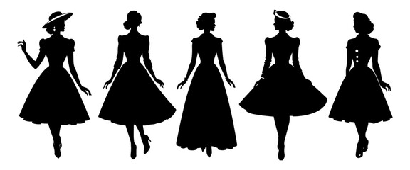 Woman fashion dress icon silhouettes,1950 woman isolated on white background