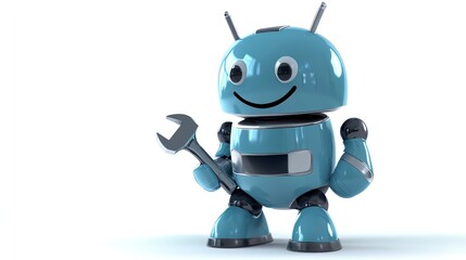 Naklejka premium A blue robot holds up a wrench with a smile on its face.