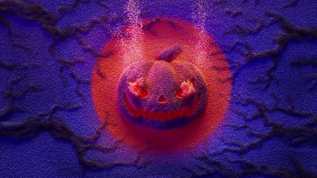 Spooky Halloween jack o lantern with scary face Moving particle glowing with flickering light with alpha channel. horizontal video .