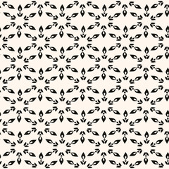 Simple minimalist floral pattern. Minimal seamless texture with small flower shapes. Abstract black and white geometric background. For print, package