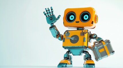 A friendly cartoon robot with blue eyes and a suitcase, waving hello.