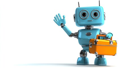 Naklejka premium Friendly blue robot holding a toolbox.