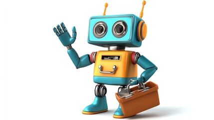 Fototapeta premium Friendly cartoon robot with a toolbox, waving hello and ready to help.