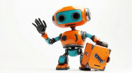 A friendly, cartoon robot waves hello while carrying a small orange suitcase.