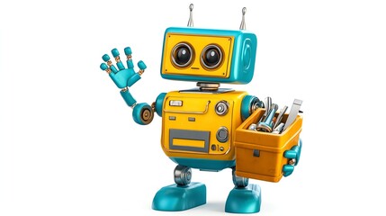 Fototapeta premium A friendly robot holding a toolbox, ready to help with any repairs.