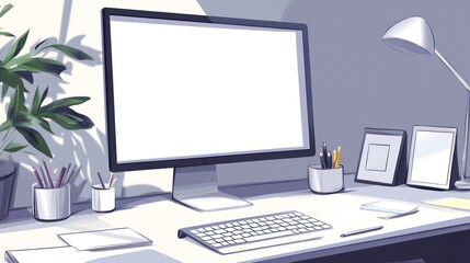 Fototapeta premium A minimalistic workspace featuring a blank monitor and organized stationery.
