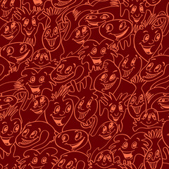 Seamless background with funny faces of anthropomorphic creatures. Humorous characters with different emotions