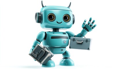 Fototapeta premium Friendly blue robot holding a toolbox and waving.