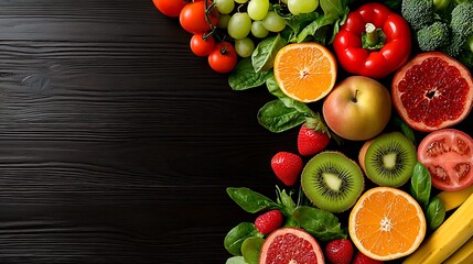 Fresh fruits and vegetables sit beautifully on a black wooden background, vibrant and full of life.