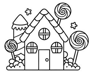 Christmas gingerbread house sweets lollipops outline coloring book page line art drawing