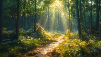 Obraz premium Sunlight filters through a serene forest path adorned with flowers.