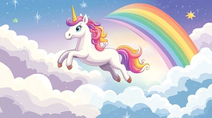 Cute cartoon unicorn flying through clouds with a rainbow in the background.