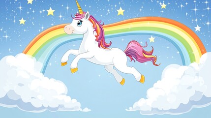 A cute cartoon unicorn with a rainbow and clouds against a blue sky.