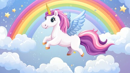 A cute unicorn flying in front of a rainbow and clouds.