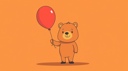 A cute cartoon bear holding a red balloon on an orange background.
