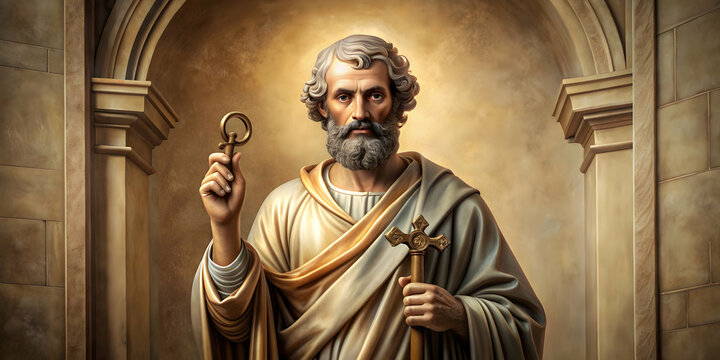 Biblical of St. Peter the Apostle holding keys in 1st-century church, on beige background with copy space, St. Peter, Apostle