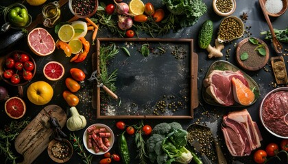 Rustic Kitchen Ingredients Frame With Variety Of Fresh Vegetables Fruits Herbs Spices And Meats
