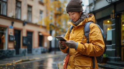 A Delivery Person Navigates the City with a GPS Device in a Bright Yellow Jacket Amidst Rainy Urban Streetscapes