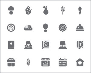 Set of Thanksgiving Icons line style. Contains such Icons as autumn, food, drink, celebration, Pilgrims, decorations, farming, gifts, nature, produce And Other Elements.